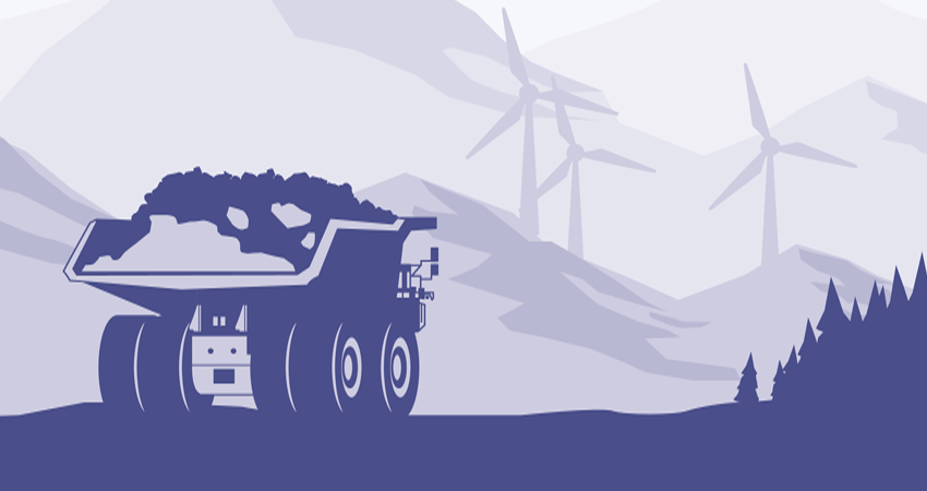 Illustration of a dump truck with mountains and wind turbines in the background.